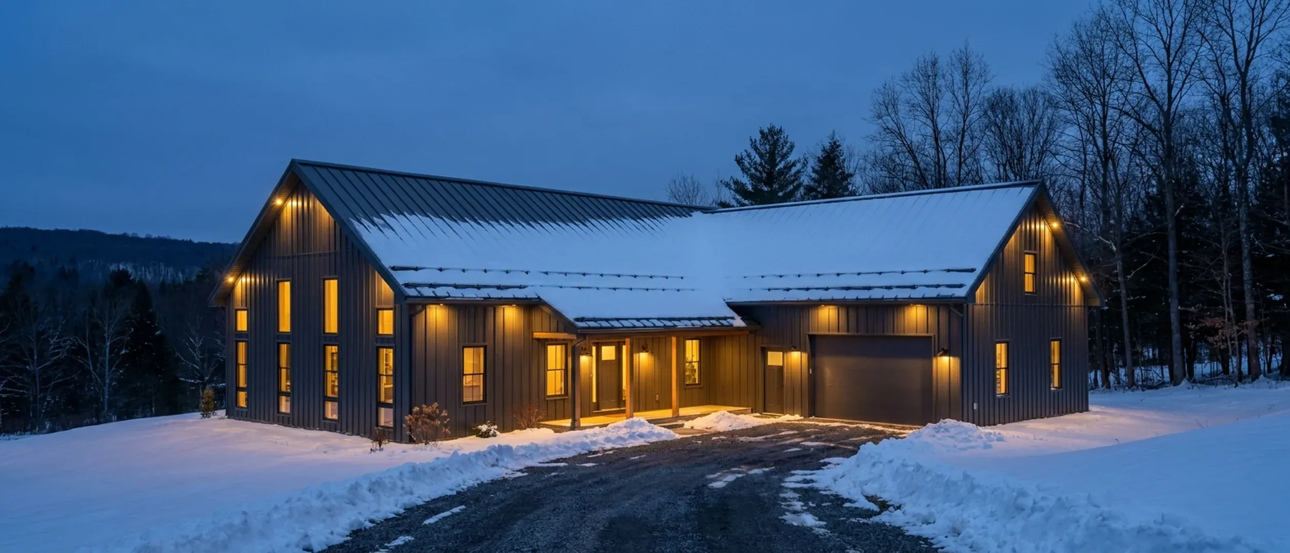A barndominium at winter dusk with deep snow on the ground and roof and warm light glowing from every window against a blue twilight sky.