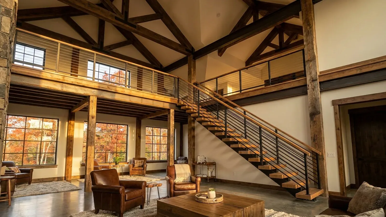 A barndominium great room with an open loft level and railing built over part of the room, reached by an open staircase.