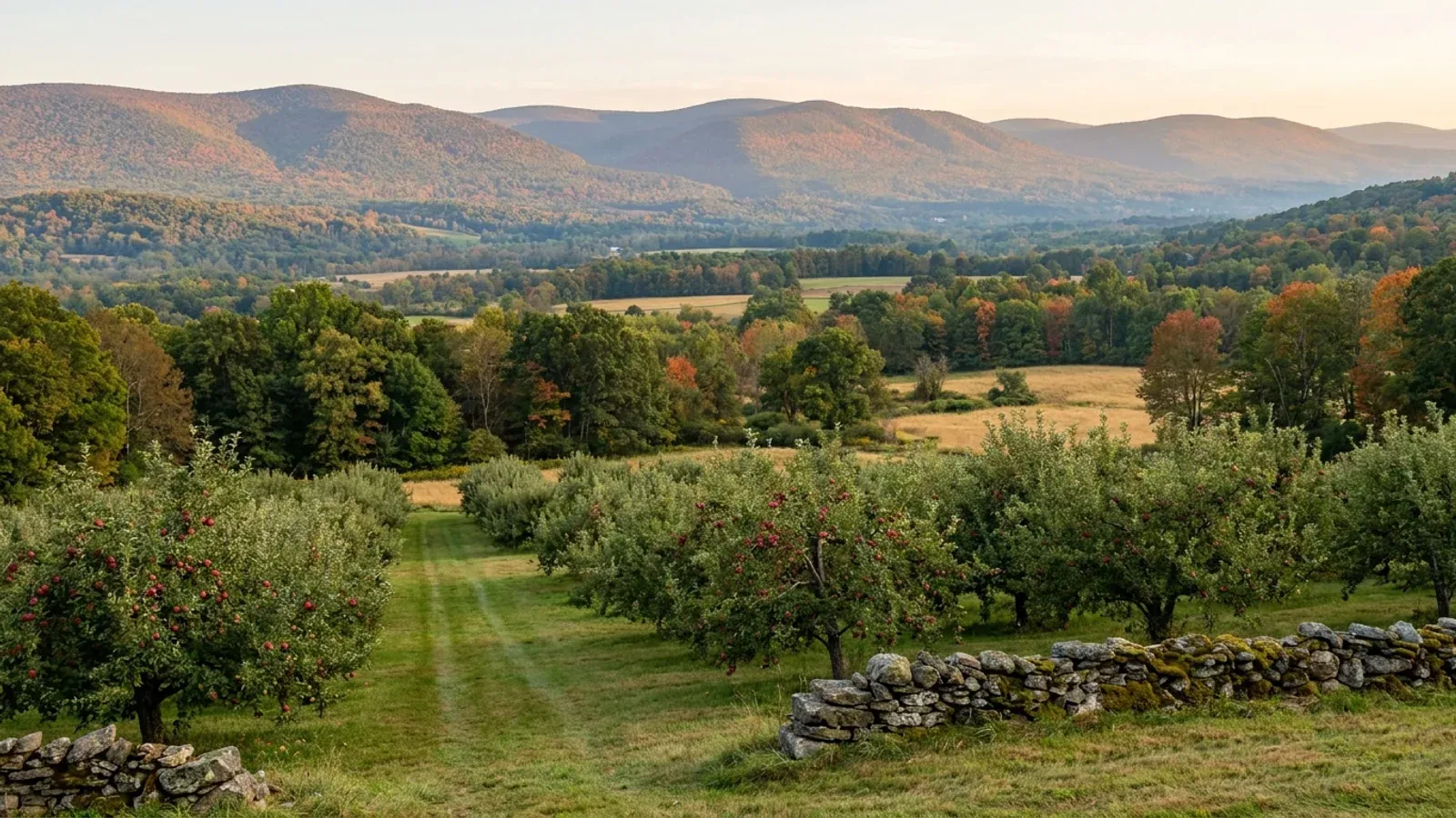 Apple orchard rows on a Hudson Valley slope with a stone wall, and the forested Catskill Mountains on the horizon.