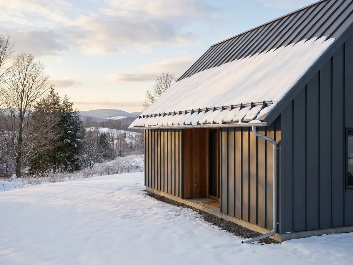Exterior detail of a metal-clad home in winter, with snow held on the standing seam roof by snow guards and vertical wall panels below.