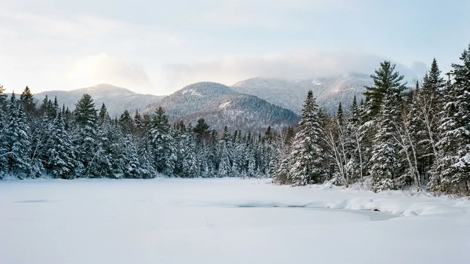 A snow-covered clearing and frozen pond before dense snowy spruce and fir forest, with rounded forested Adirondack hills beyond.