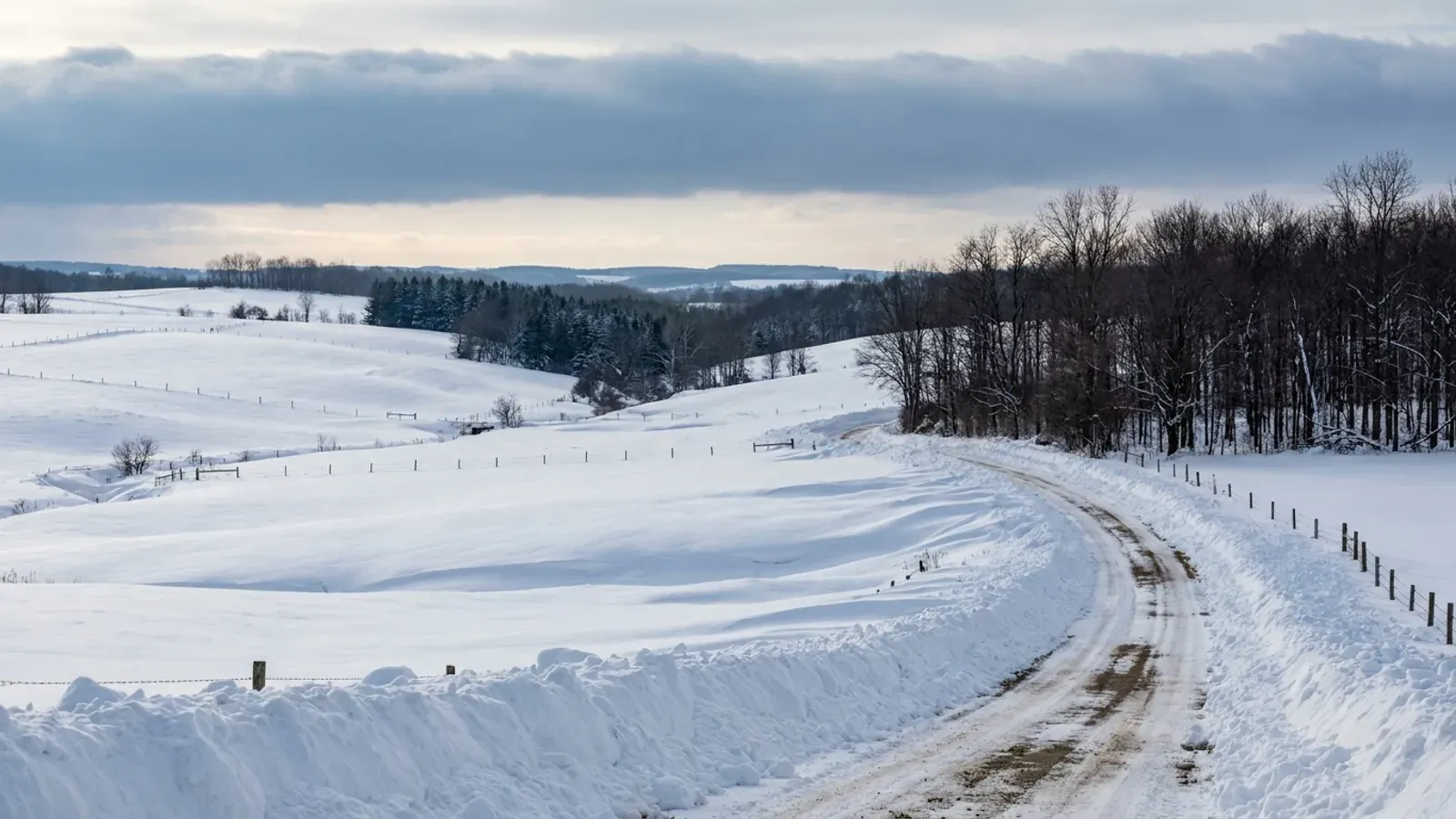 Deep lake-effect snow drifted across rolling Western New York farmland, with a plowed country road and a band of snow cloud on the horizon.